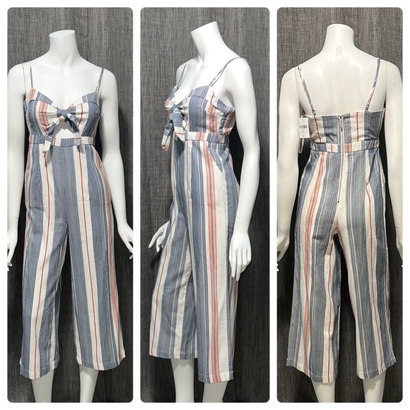 NWT Forever 21 Striped Linen Blend Cropped Leg Jumpsuit Blue White Dark Orange S - Picture 1 of 14
